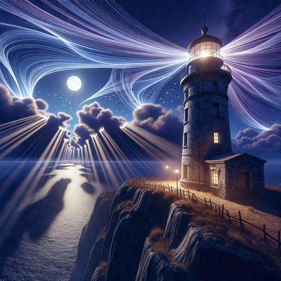 Primary subject: Lighthouse
Setting/background: Ocean, night sky, clouds
Visual style: Digital art
Colors and mood: Purple, blue, white, black, and orange